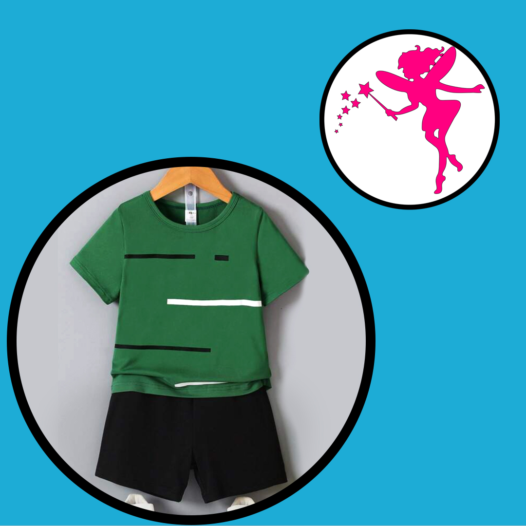 Boy Two Piece Casual Green Tee With Black Shorts