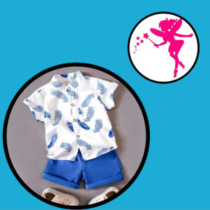 Boy Two Piece Feather Print Shirt With Blue Shorts 