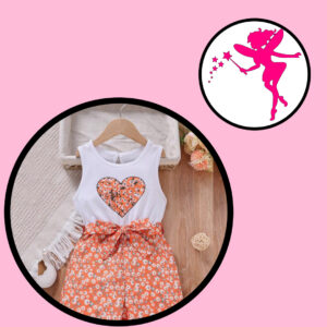 Girl Two Piece Heart Orange Jumper with Flower Belt